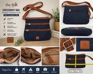 The Sak Navy Nylon Crossbody Bag Cognac Trim Travel Organizer Lightweight Purse